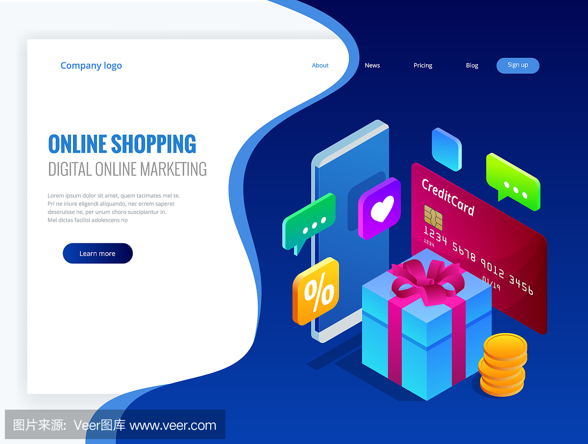 等距網(wǎng)上購(gòu)物概念。數(shù)字網(wǎng)絡(luò)營(yíng)銷商業(yè)銷售概念。最好的禮物。矢量圖